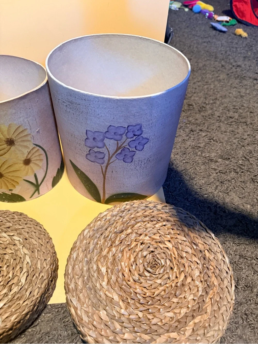 Hand-Painted Floral  Canisters with Woven Seagrass Lids - Cream